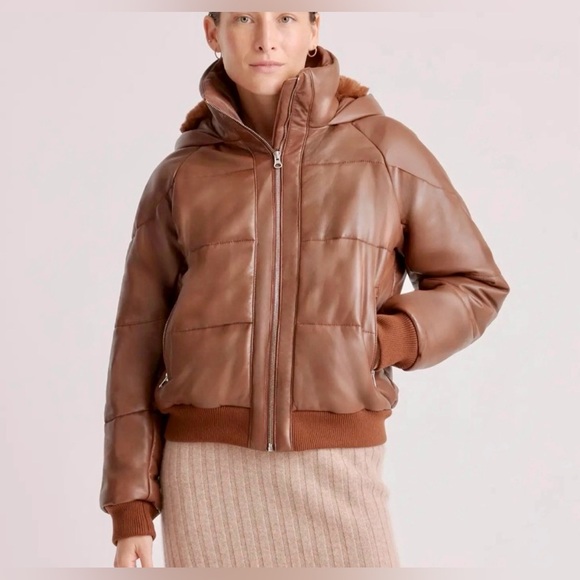 Quince Leather jacket quilted puffer hood warm brown large nwt sold out l - Picture 3 of 8
